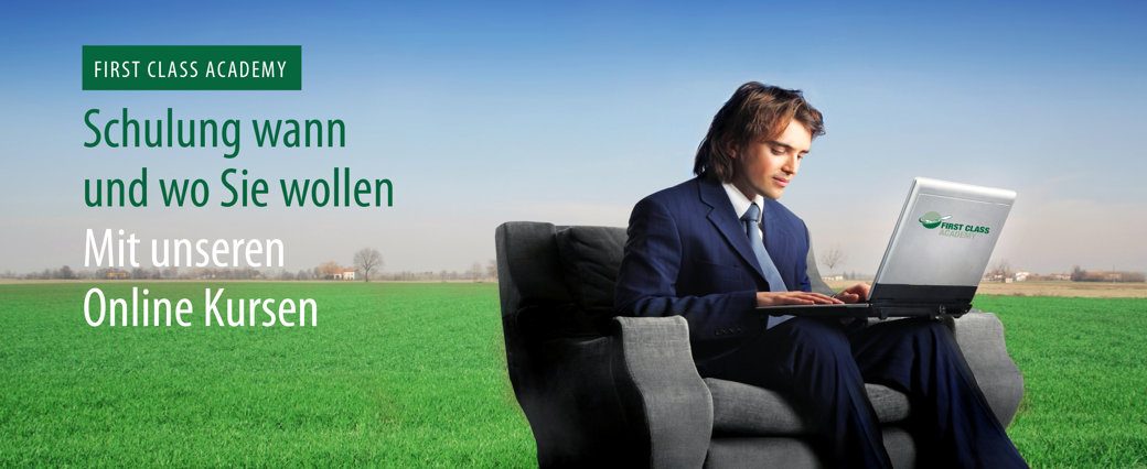 First Class Academy Headerbild mit Text: Schulung wann und wo Sie wollen