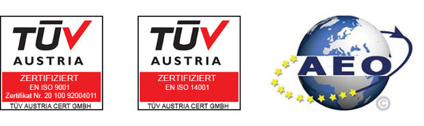 Abbildung der Zertifikate TÜV & AEO